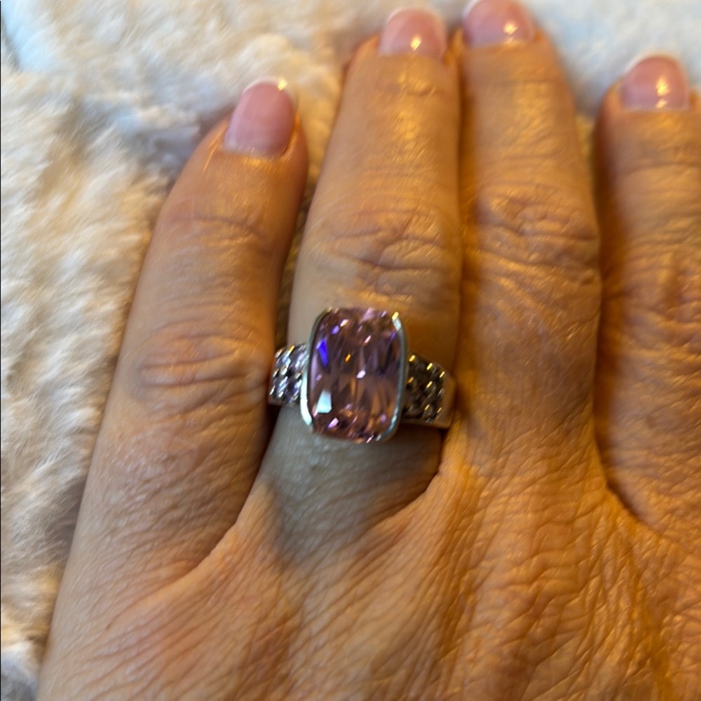 Elegant Pink Gemstone Silver Ring Sz 8